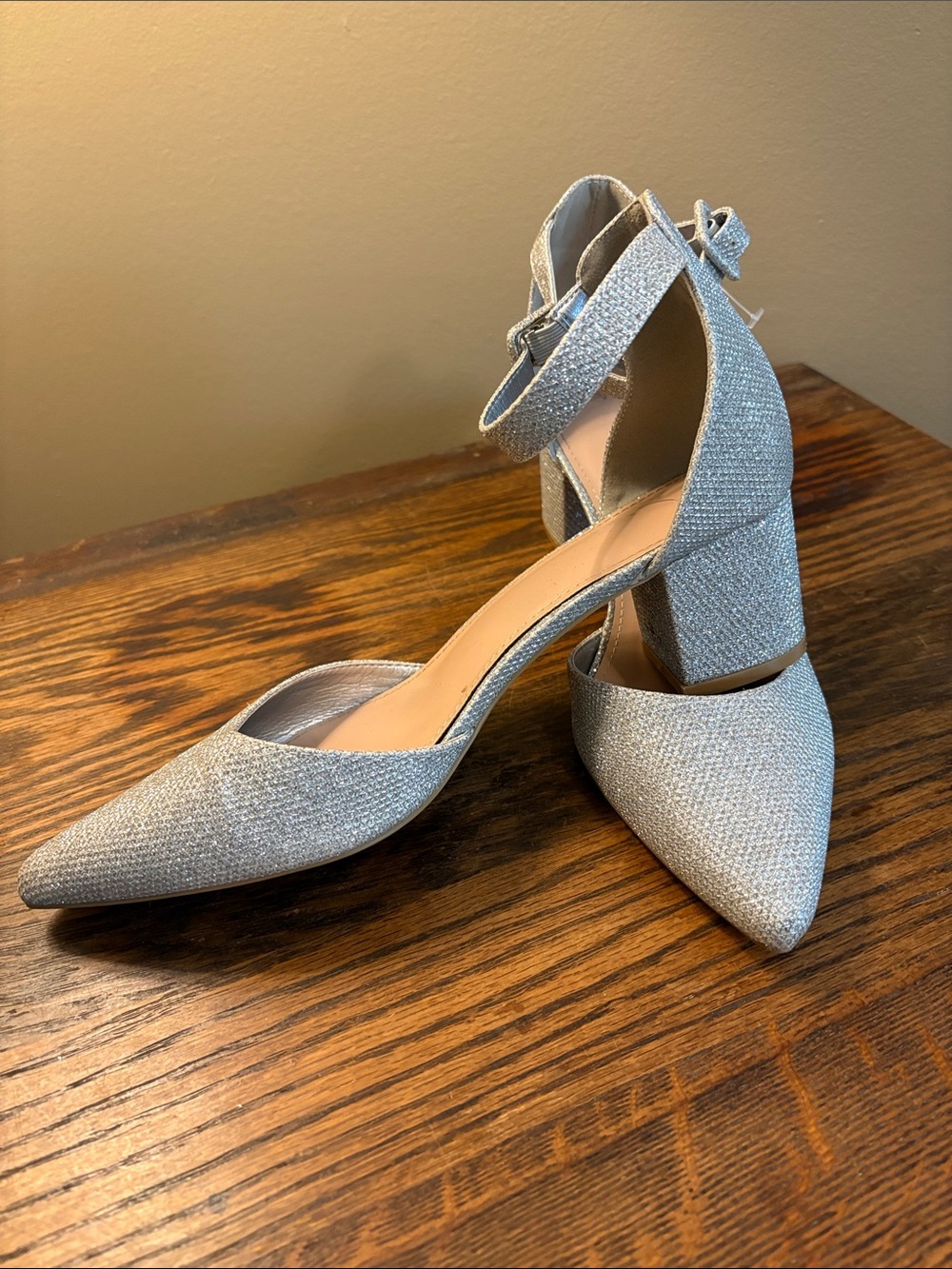 Sparkle Pointed-Toe Ankle-Strap Block Heels — Silver